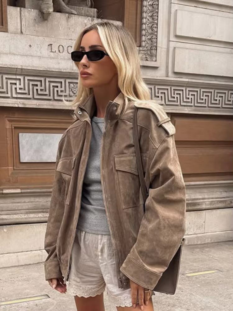 Veste courte à revers en daim de couleur chameau pour femme, manteau décontracté avec fermeture écla