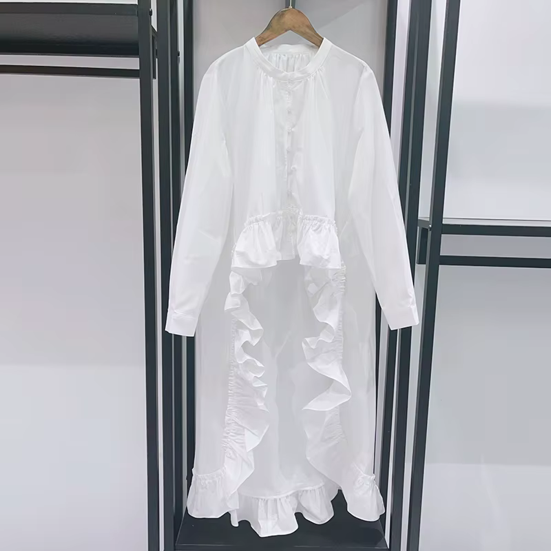 Chemisier Femme Blanc à Volants, Col Rond, Court Devant Long Derrière, Tendance Printemps 2026
