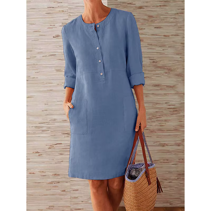 Robe tunique en coton et lin pour femmes, décontractée, solide, manches longues, Vintage, droite, ma