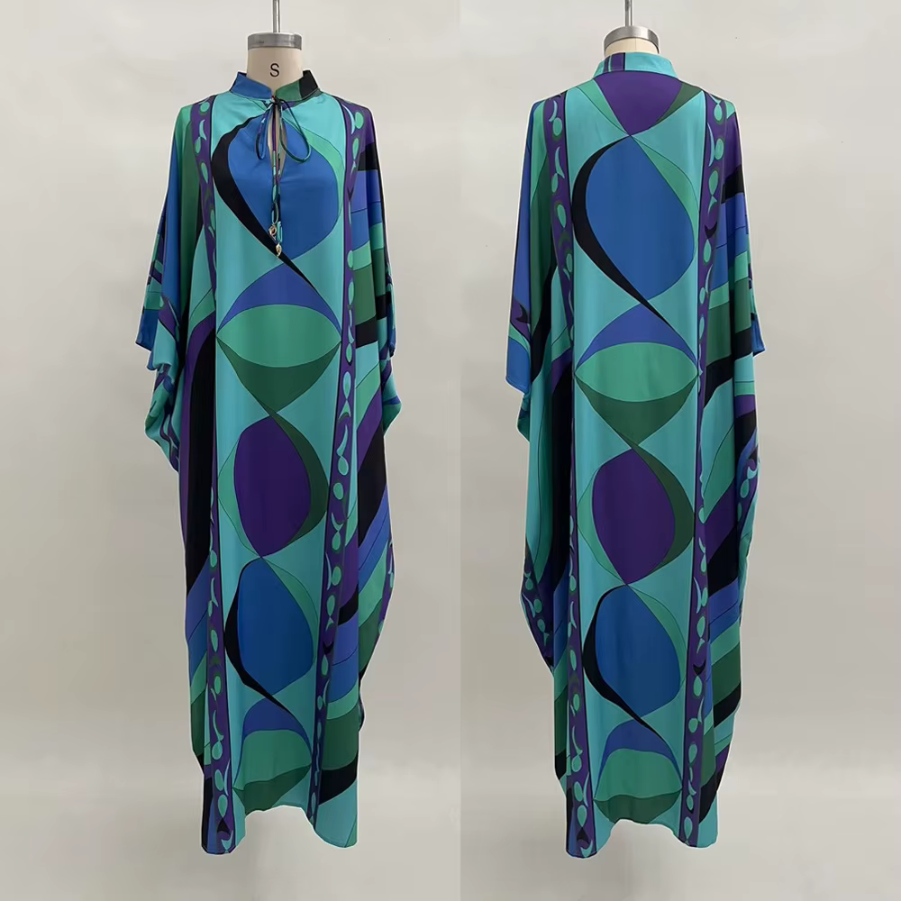 Robe longue bohème à imprimé floral pour femme, col en V, manches mi-longues, coupe oversize, maxi r