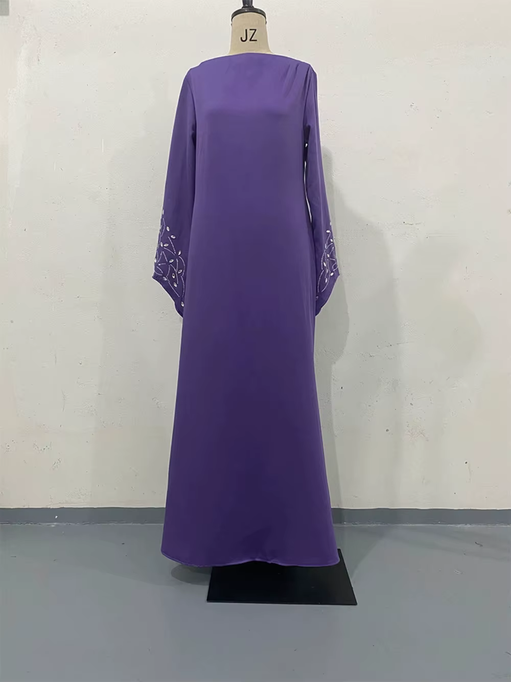 Robe de soirée droite arabe violette, couleur unie, manches longues perlées, robe de bal moderne pou