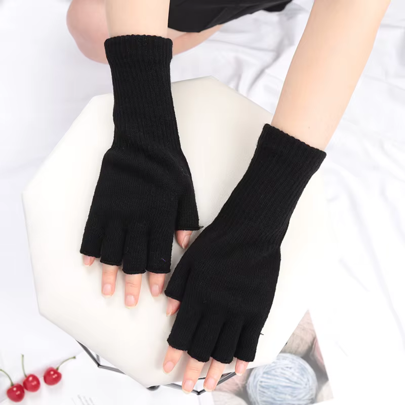 Gants longs noirs tricotés sans doigts pour hommes et femmes, chauds, extensibles, élastiques, à la