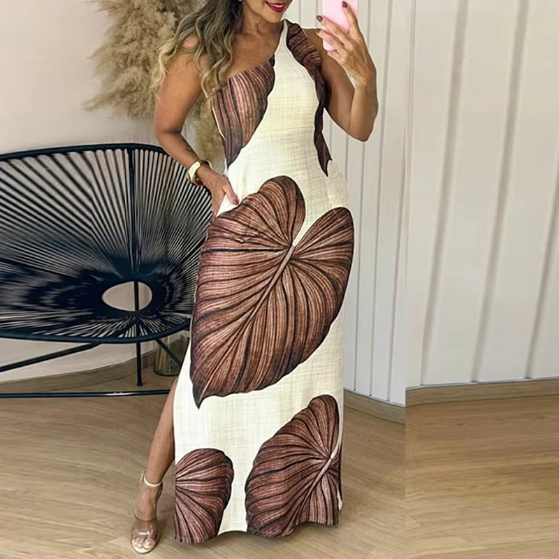 Robe longue élégante sans manches pour femmes, Sexy, Slim, fendue, robes de soirée de plage, imprimé