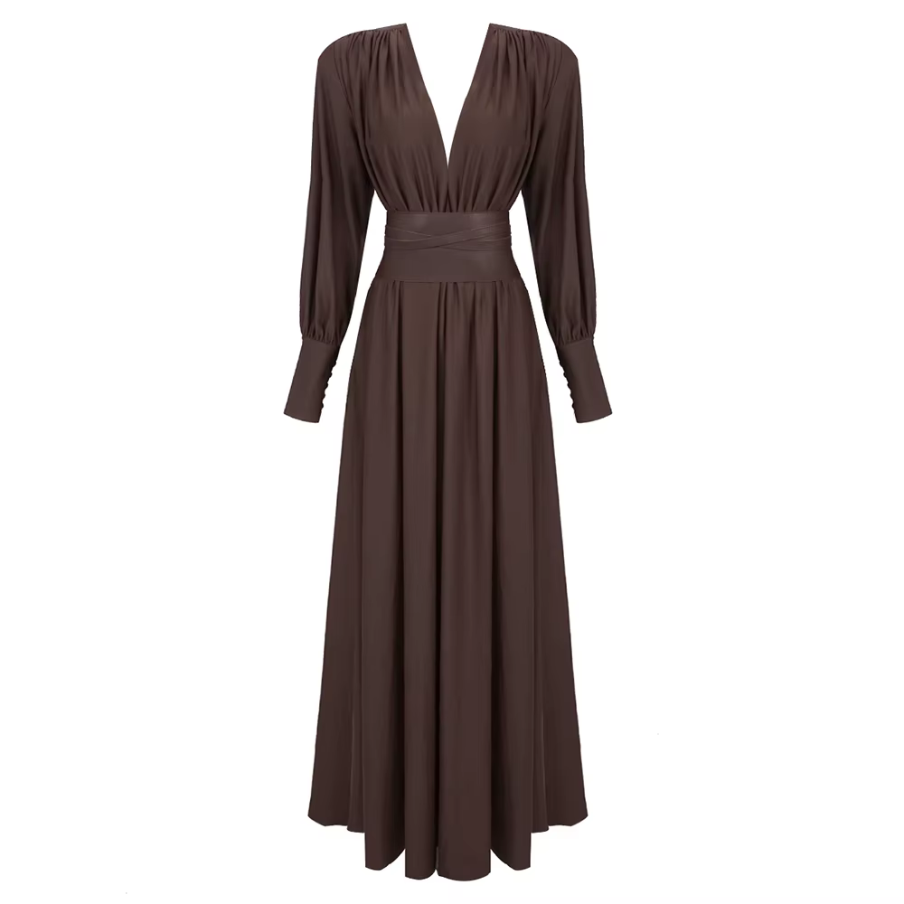 Robe élégante plissée marron à manches longues, avec col en v profond et cintré à la taille, robe de