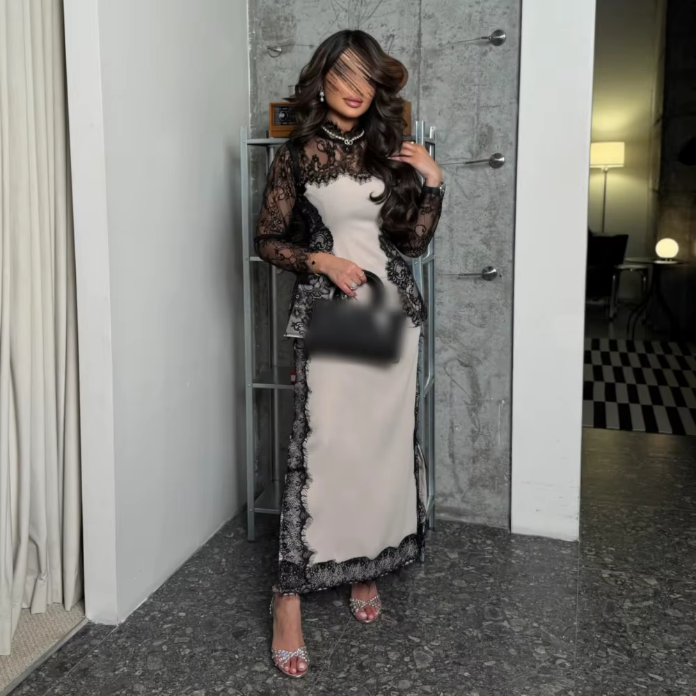 Robe de soirée formelle personnalisée à manches longues en dentelle pour femmes, col haut, robe midi