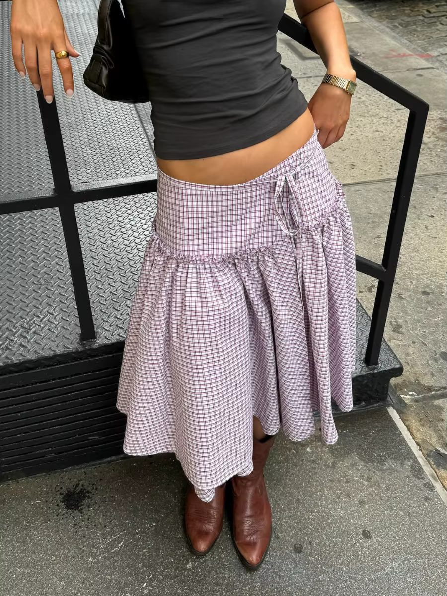Jupe mi-longue à carreaux taille basse pour femmes, Y2k, ourlet à volants, jupe trapèze, Vintage des