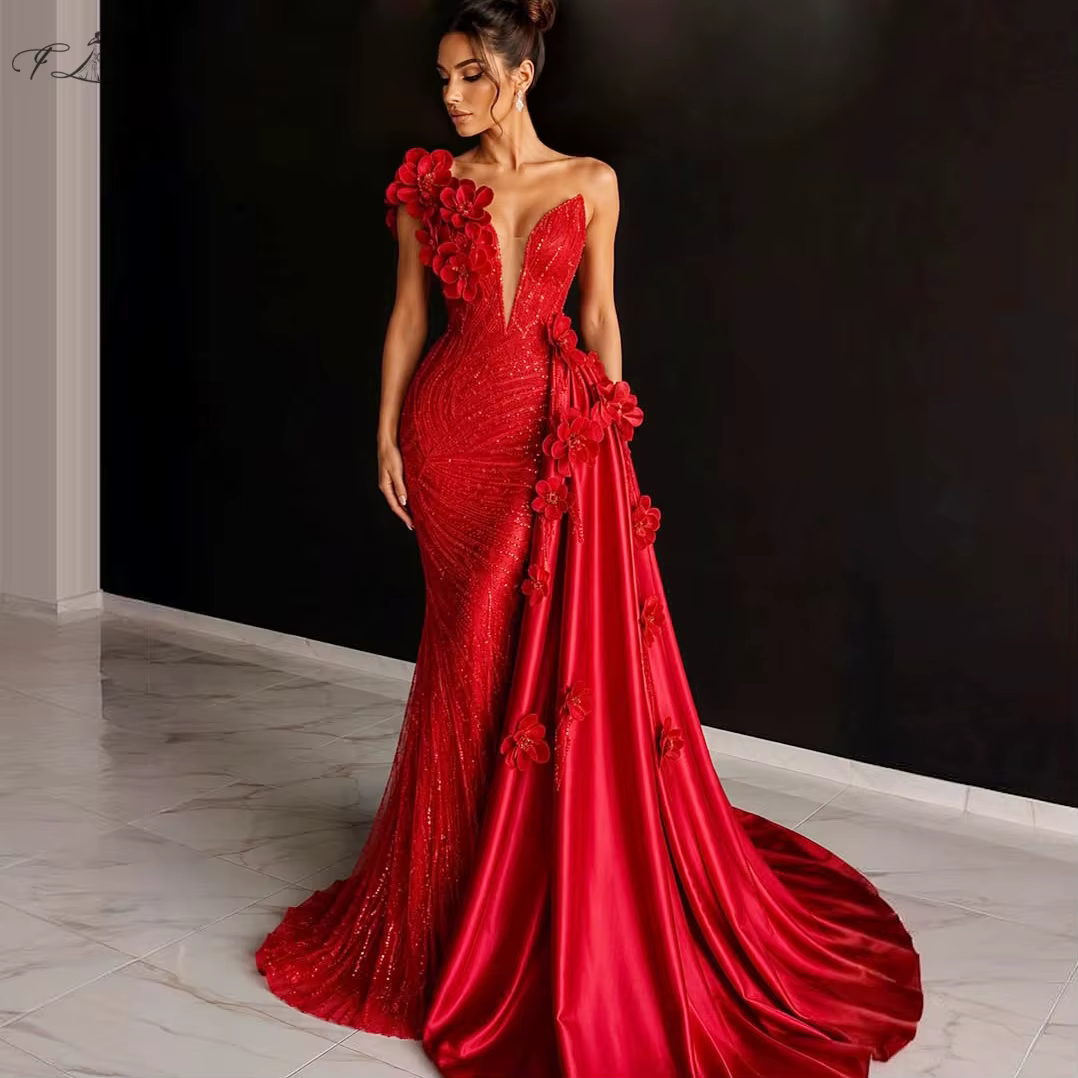 Robe de soirée de luxe rouge à fleurs, col en V, sans bretelles, style sirène, avec jupe détachable,
