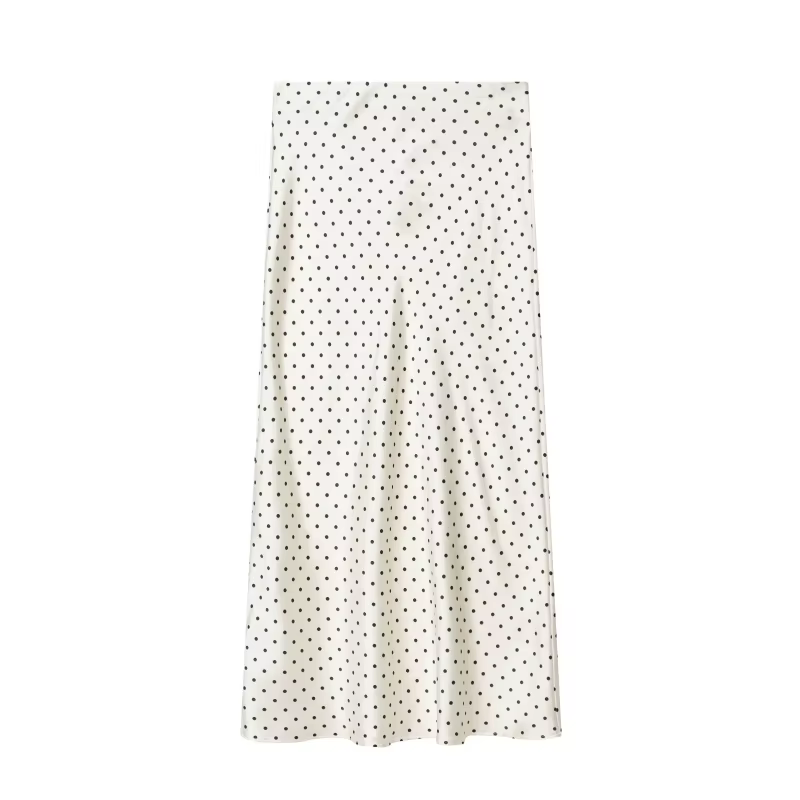 Jupe longue mi-longue à pois taille haute en satin fluide pour femme ETJ, collection Printemps 2026