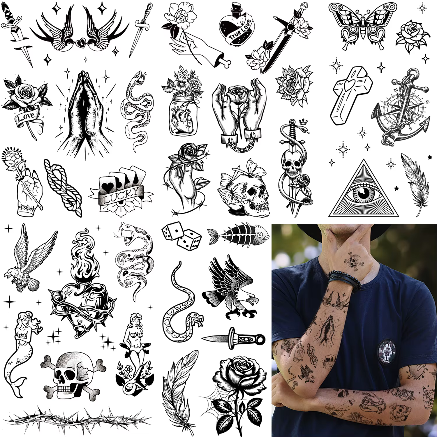 Tatouage semi-permanent, style old school, tatouage de grande taille, imperméable et résistant à la