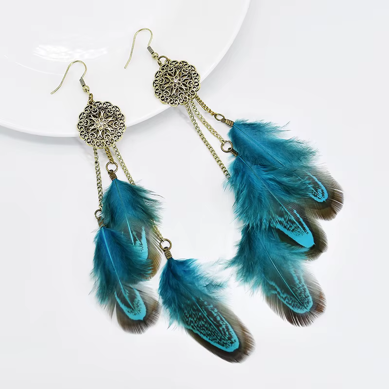 Boucles d'oreilles ethniques longues en plumes pour femmes, style bohème, Vintage, couleur or, fleur