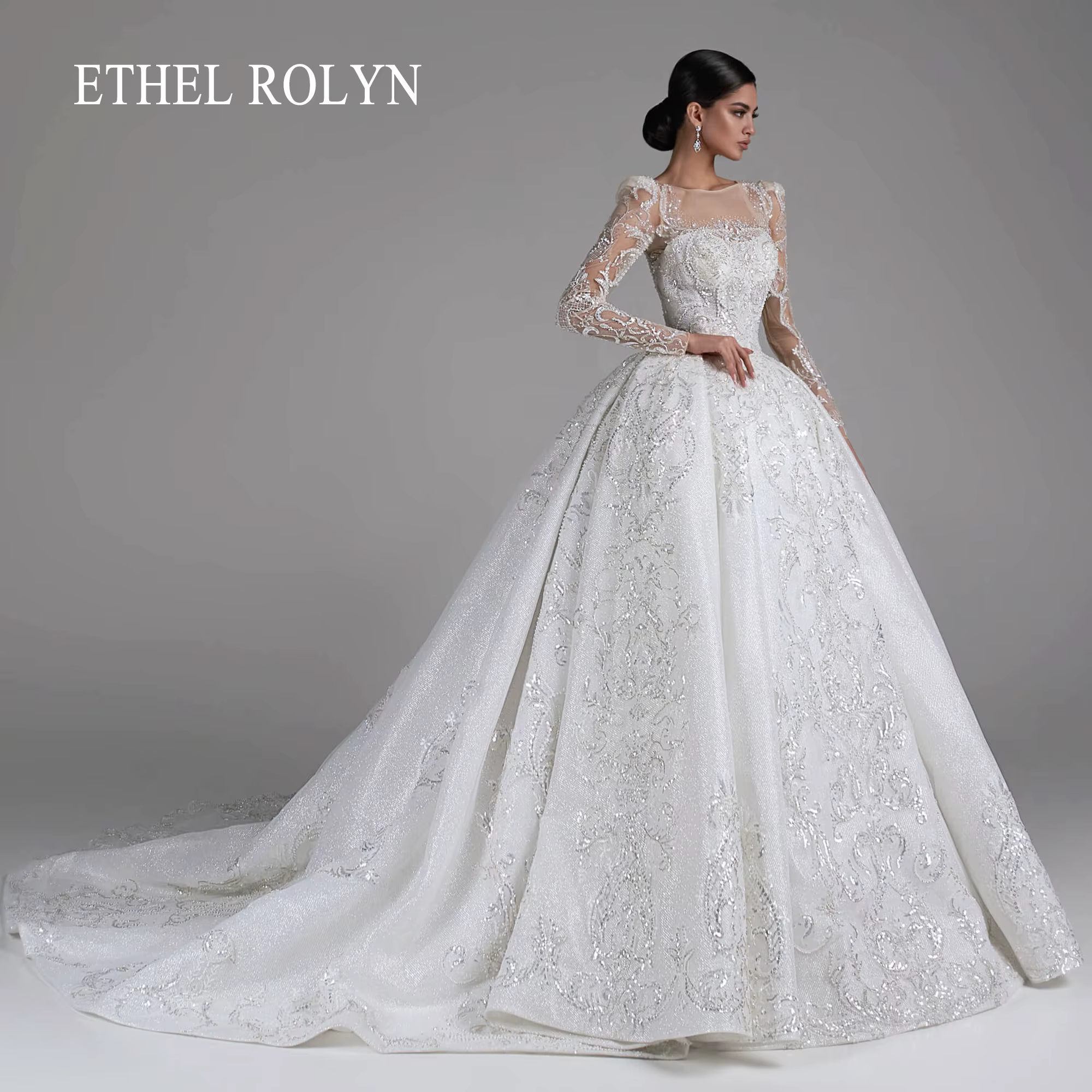 ETHEL ROCirCN-Robe de Mariée en Tulle à Manches sulf, Tenue de Bal, Paillettes Exquises, Perles, Rot