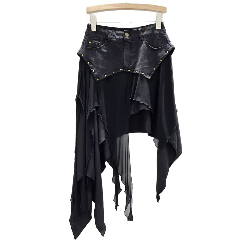 Jupes Femme Asymétriques Sexy à Rivets Volants Patchwork Effet Vieilli Printemps-Été 2026 Streetwear