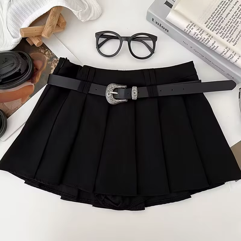 E-girl-Jupe plissée taille basse avec ceinture pour femme, tenue patineuse, mini-fille adolescente, 