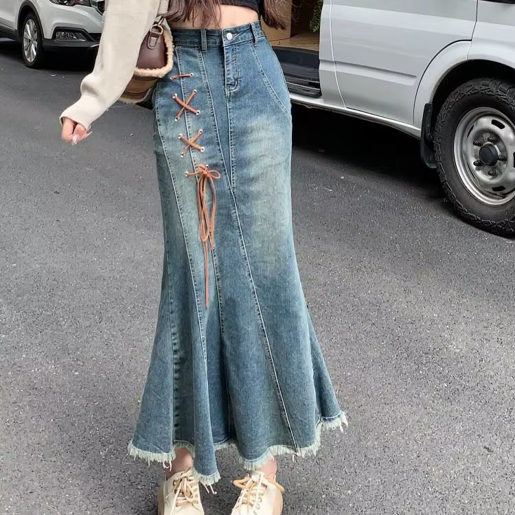 Femme jupe en jean avec cordes taille haute frange longues jupes en jean pour femmes Gyaru Streetwea