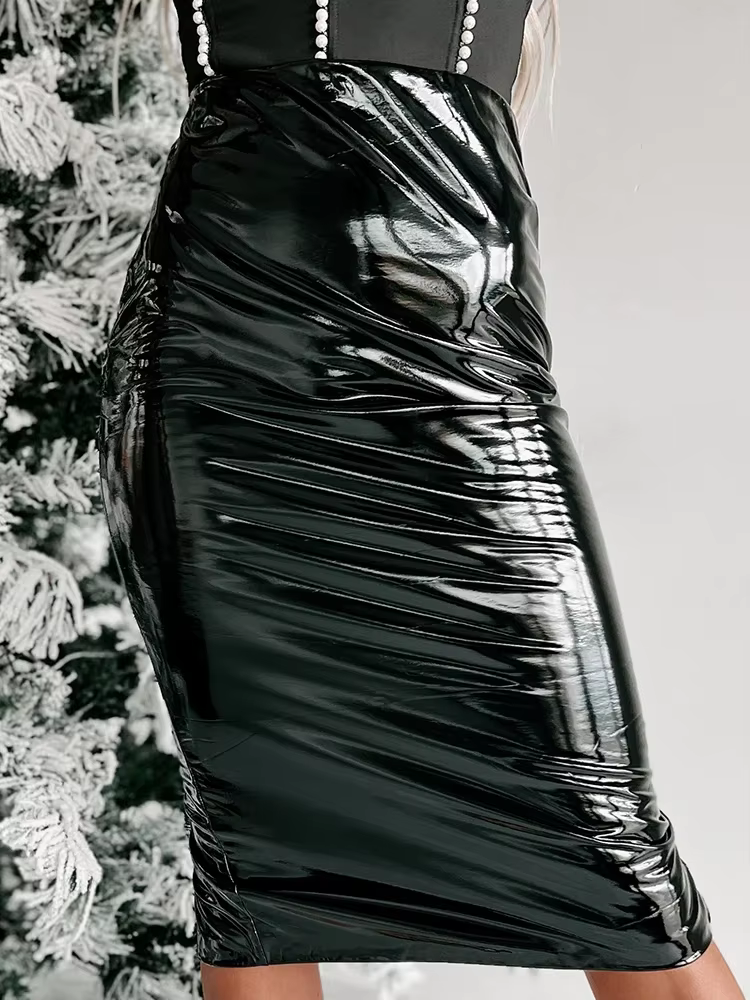 Jupe crayon mi-longue taille haute pour femme en similicuir PU brillant effet latex, avec fente, ext