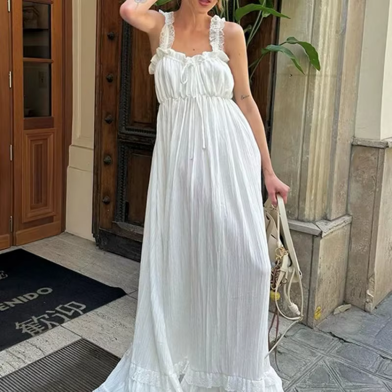 Robe longue pour femme, style débardeur, avec dentelle, col en V à nouer, sans manches, dos nu, tail