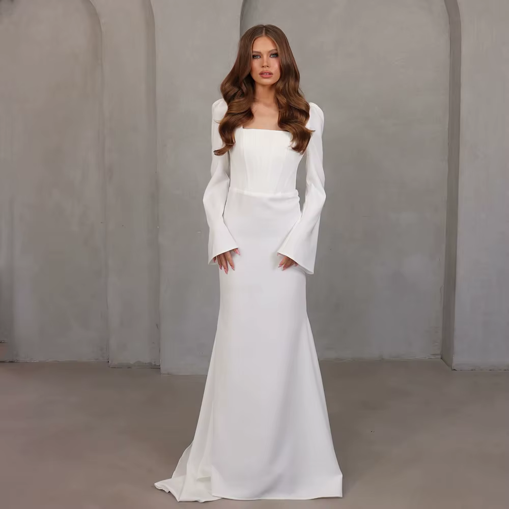 Robe de mariée en crêpe 2026 à manches longues, col carré, coupe sirène simple, élégante et modeste,