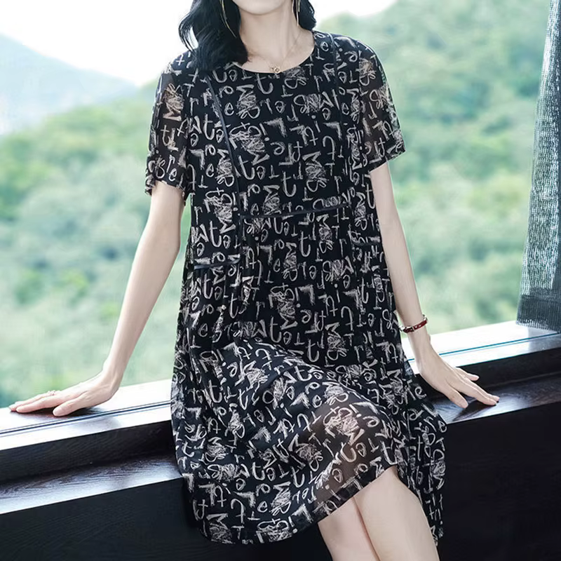 Robe mi-longue en gaze imprimée à manches courtes pour femmes, pull à col rond, streetwear décontrac