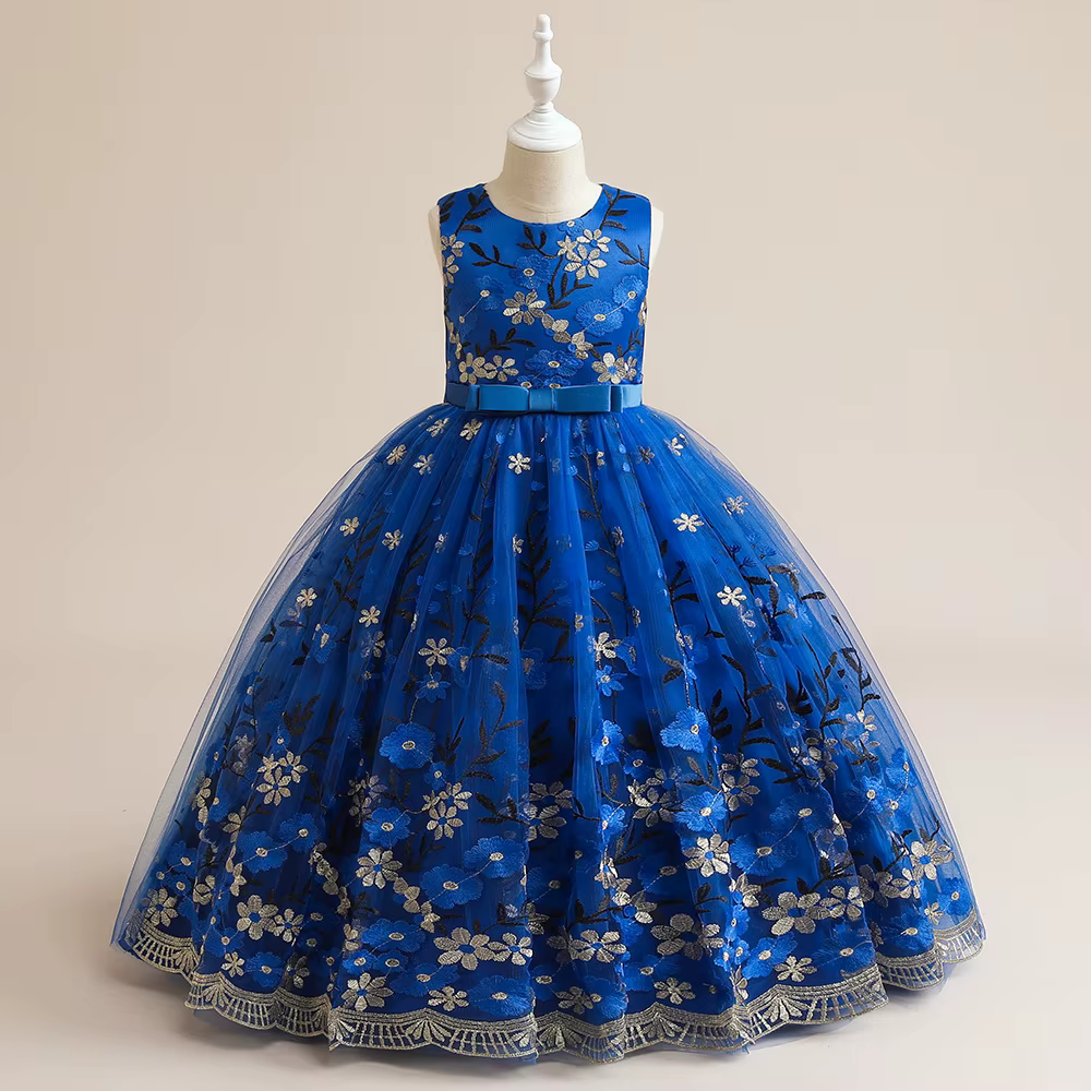 Robe longue brodée en Tulle pour filles, tenue de bal pour invités de mariage, demoiselle d'honneur,