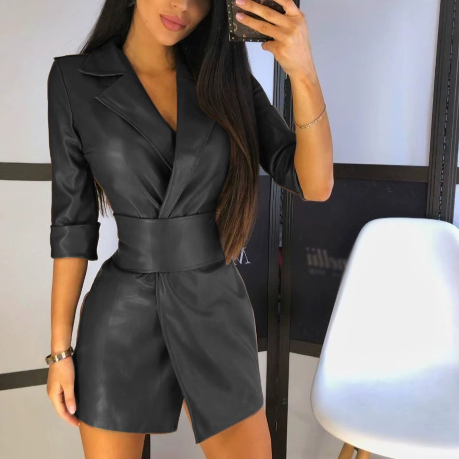 Robe en cuir à manches longues pour femmes, manteau cool, V, veste d'hiver, PU, batterie sexy, mini 