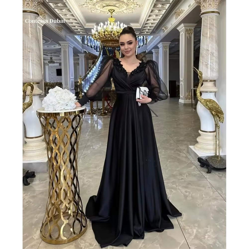 Contessa Dubai noir paillettes manches bouffantes robes de bal longue traîne col en V personnalisé ف