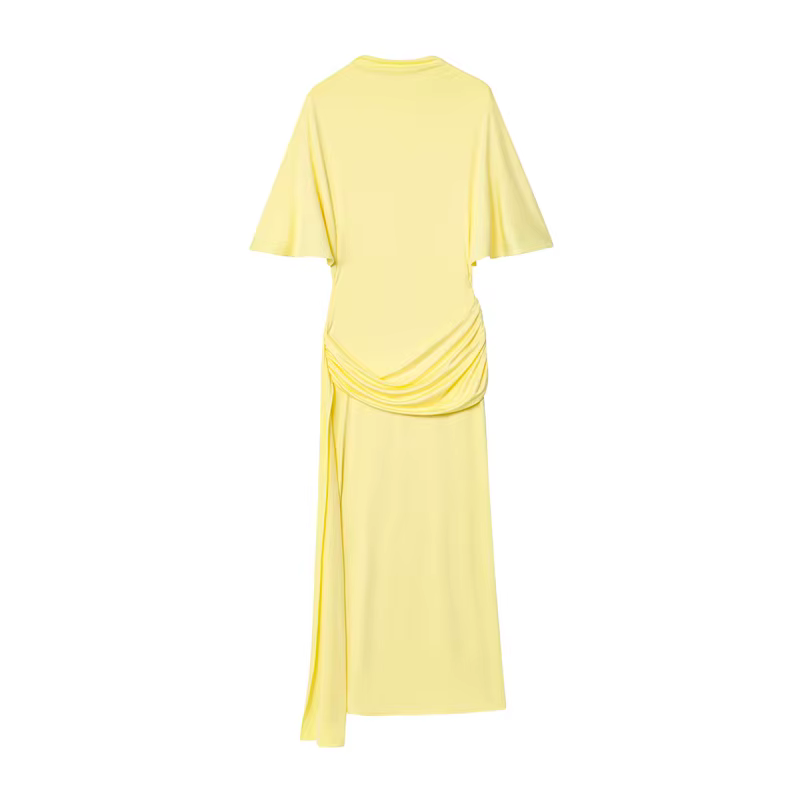 Robe femme automne 2025 nouveau jaune à manches courtes couches décorative Streamer robe longue robe