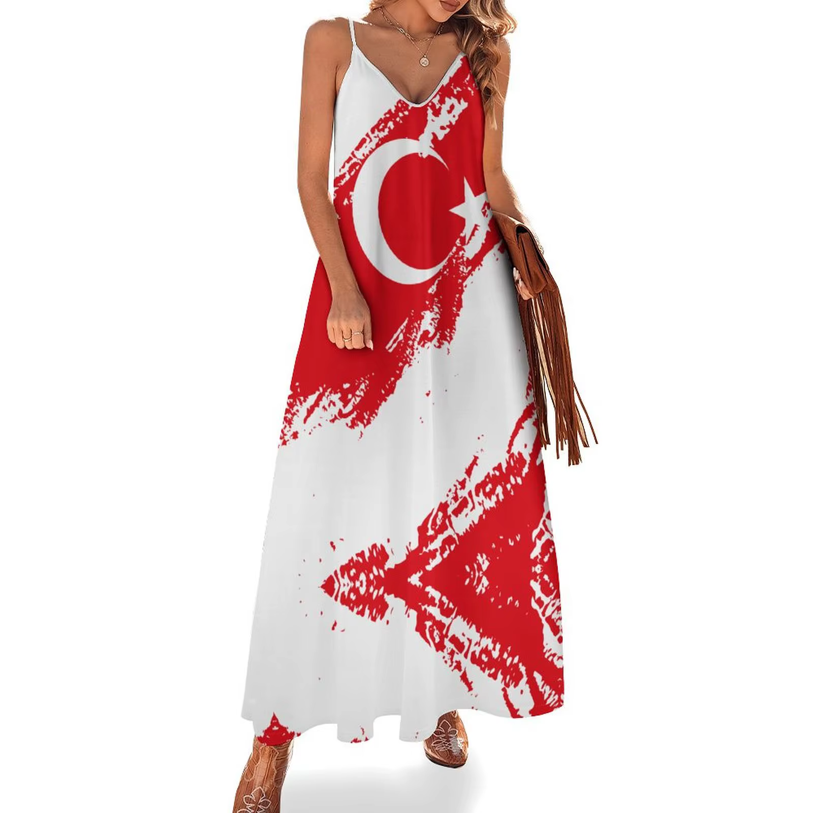 Robes longues robe turquie Türkiye drapeau imprimé nouveau décontracté sans manches femmes col en v 