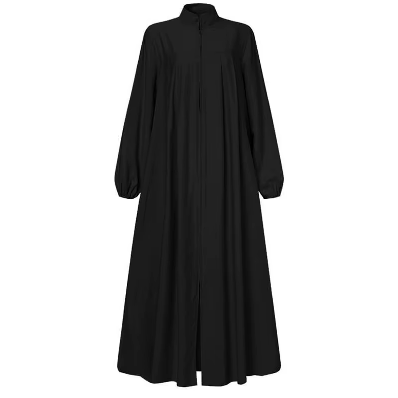 Robe noire musulmane avec petit col montant et poches zippées, élégante, ample et décontractée, à ma