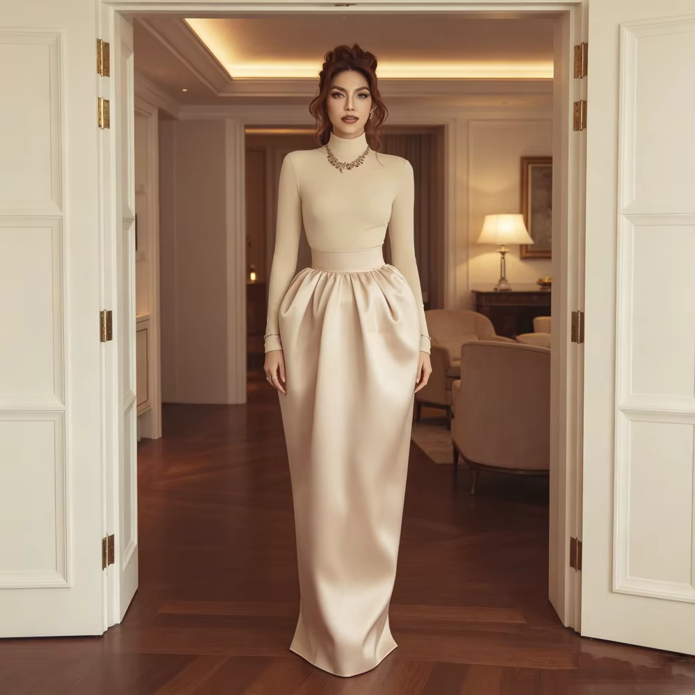 Jupe longue maxi taille haute en satin champagne pour femme, jupe bouffante avec poches, longueur ra
