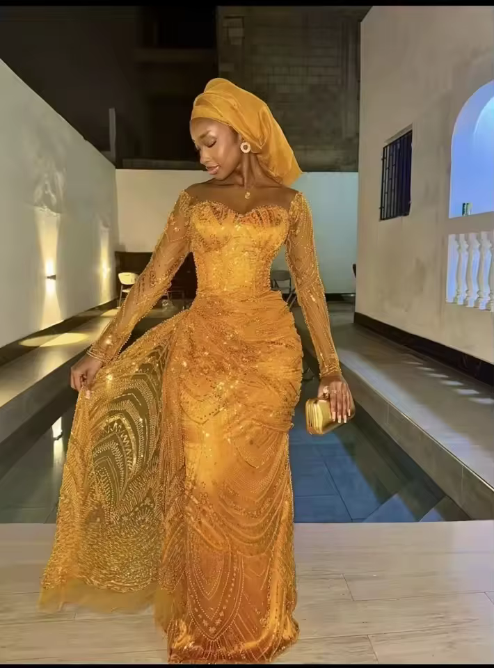 Robes de soirée à sequins dorés pour femmes 2027 Aso Ebi, longue robe de bal sirène, robes de fiança