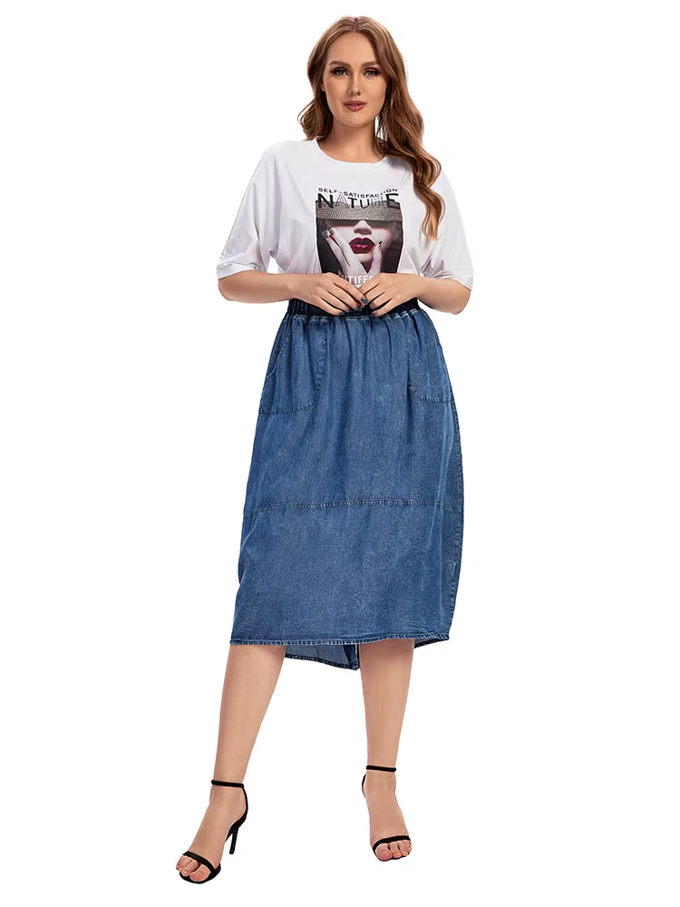 Jupe en jean décontractée grande taille pour femmes, taille haute, ligne a, longueur aux genoux, ble