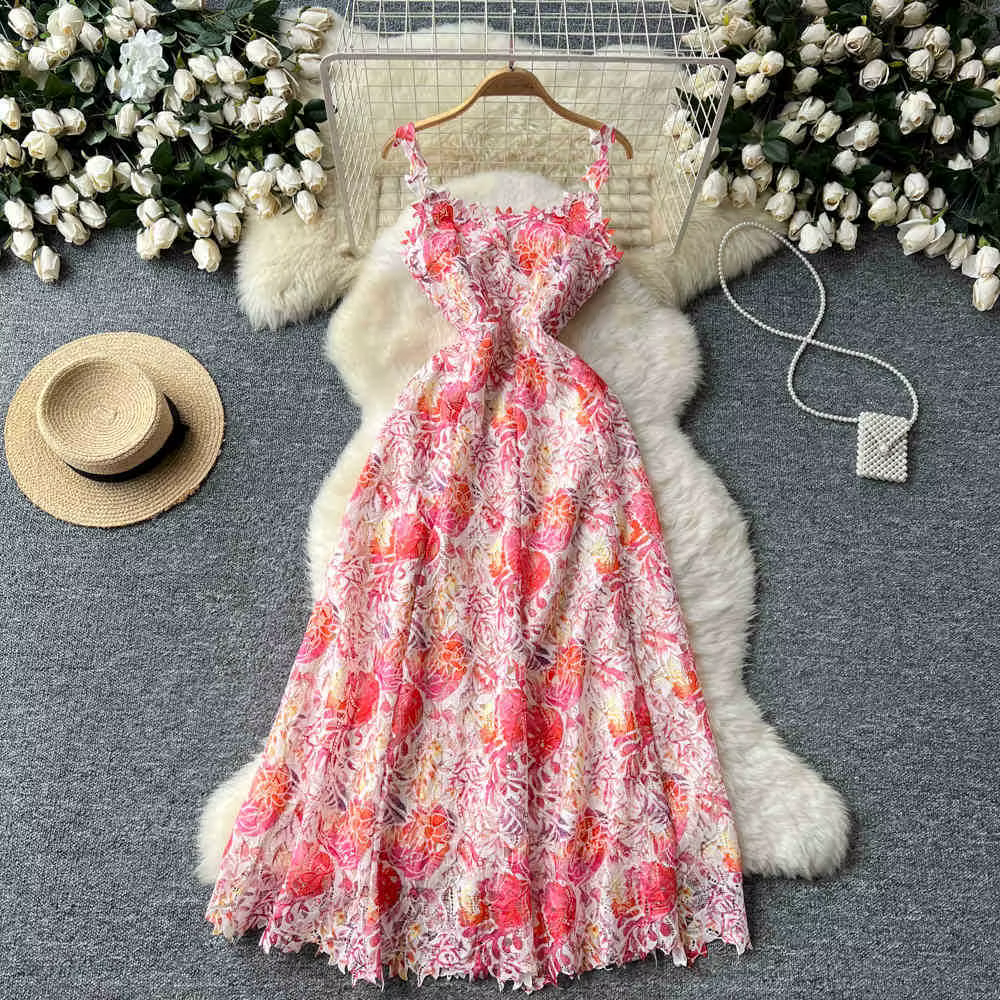 Robe longue à bretelles pour femmes, imprimé Floral, ligne A, col en V, sans manches, épissure éléga