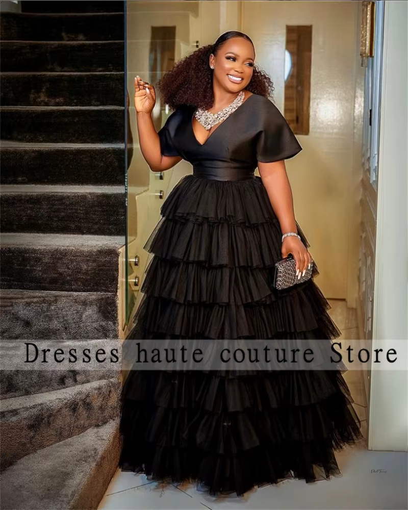 Aso Ebi-Robe de Soirée Noire en Tulle à Volants et Manches Courtes, Tenue Personnalisée à Plusieurs