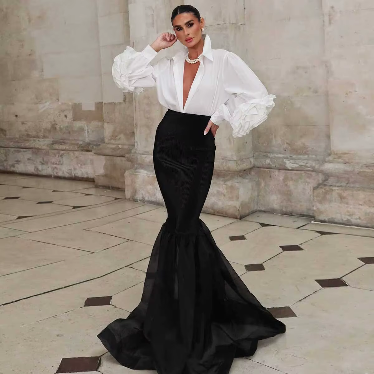 Élégance noir Maxi jupe sirène taille haute soie Satin Organza longue jupe de soirée sur mesure n'im