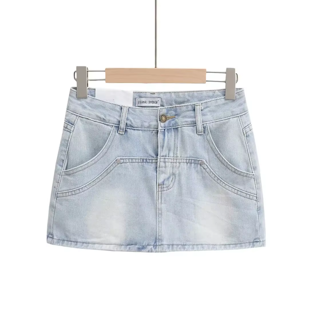 Mini jupe courte en jean pour femmes, jupe en jean, sexy, slim, couleur unie, poches, épissée, décon