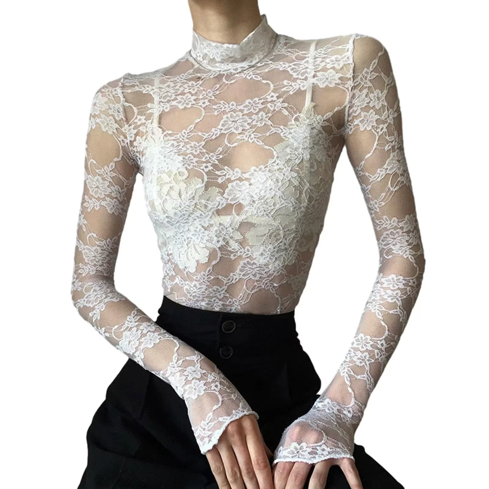 Chemisier Sexy en dentelle pour femmes, chemises d'été à col roulé, manches longues, transparent, Pa