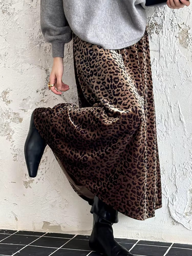 Jupe longue en velours léopard pour femme, style coréen, vintage, plissée, taille haute, ligne A, mi