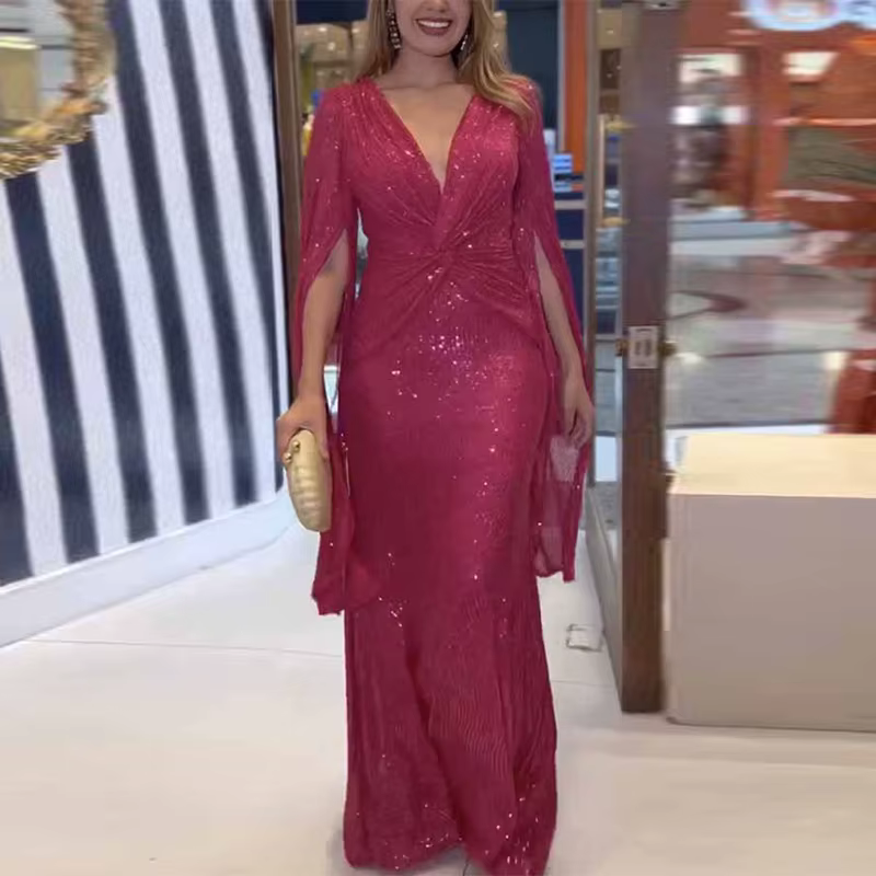 Robe de soirée longue à paillettes pour femmes, col en V, tambour sexy, robes moulantes, élégante