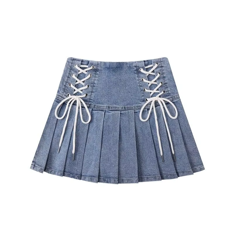 Denim jupes plissées femmes mignon à lacets Chic fille été Mini jupe Style coréen mode Sexy taille h