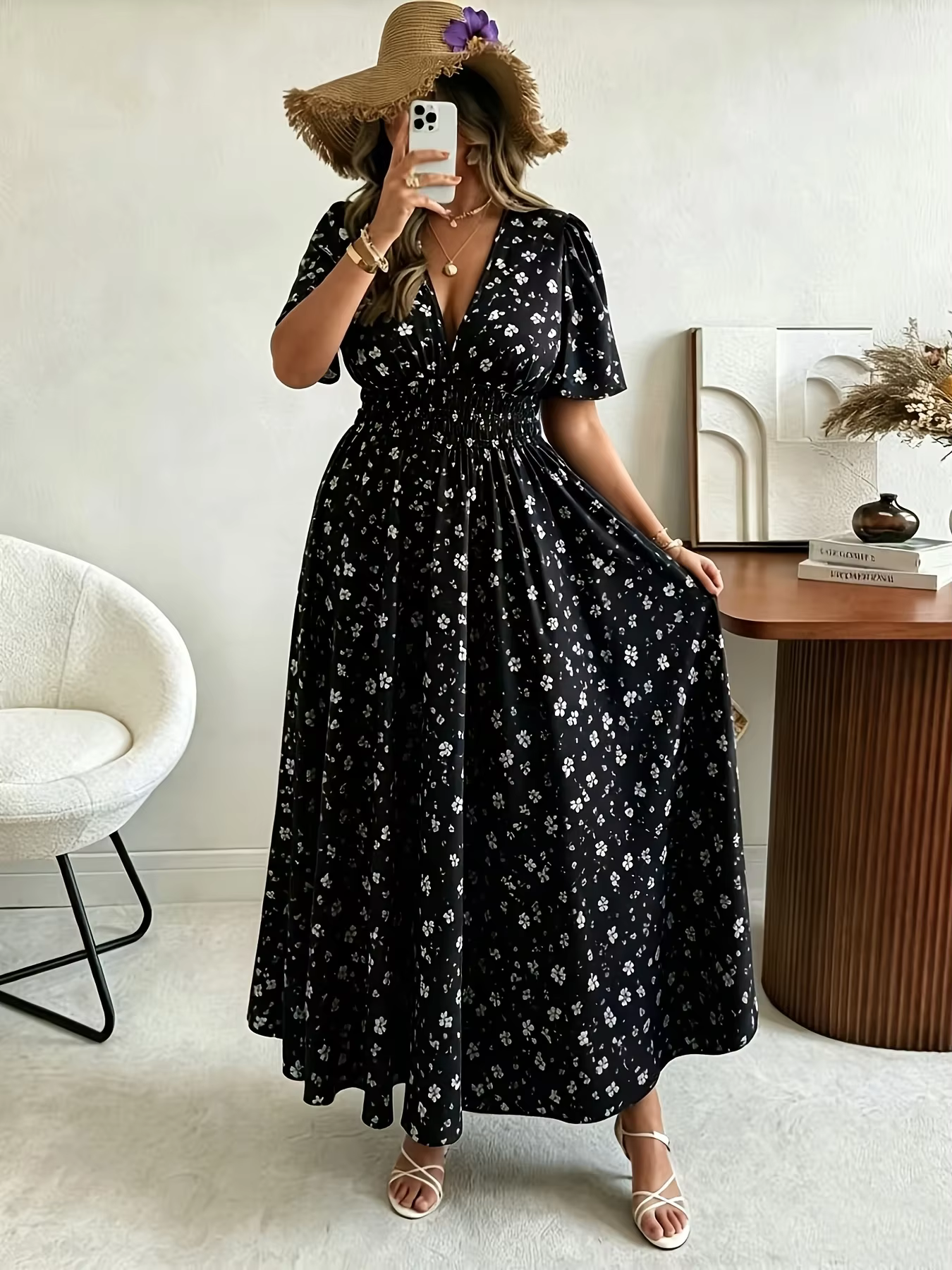 Robe longue maxi noire à fleurs grande taille - Robe longue d'été décontractée bohème pour femme, co