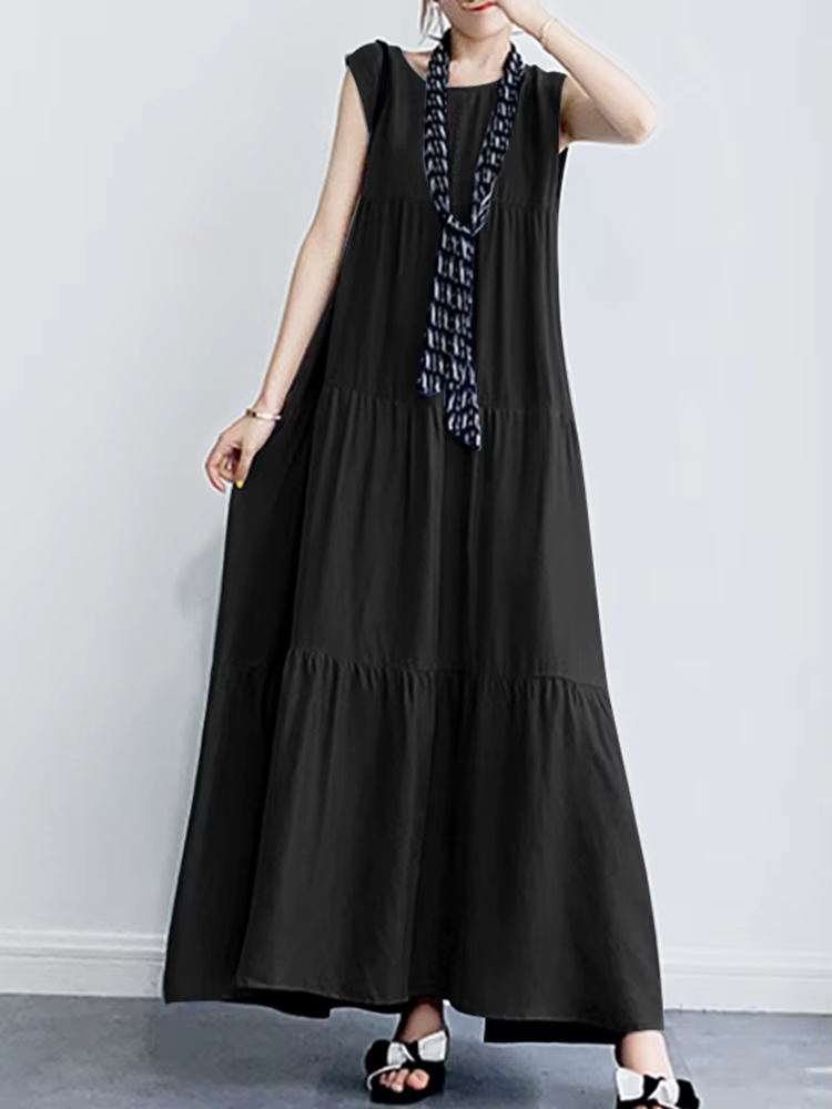 Femmes été Maxi Robe longue élégante col rond sans manches Robe d'été ZANZEA élégant solide volants 
