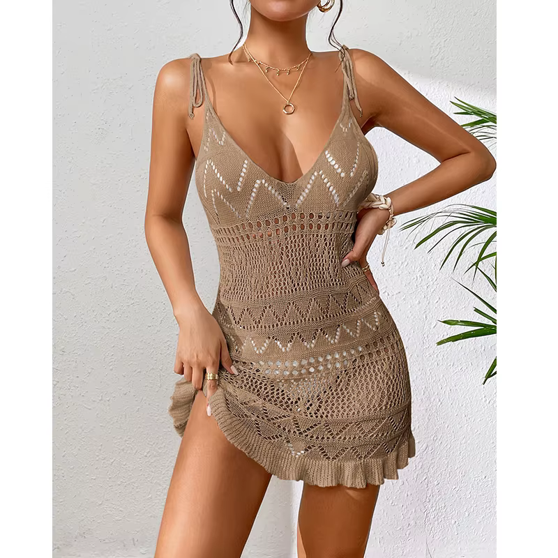 Robe de plage courte, sexy, col licou, moulante, ajourée, transparente, jupe, protection solaire, co