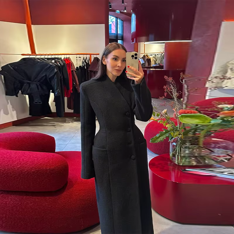 Manteau Long noir sur mesure pour femmes, élégant, asymétrique, boutons, poches avant, manches longu