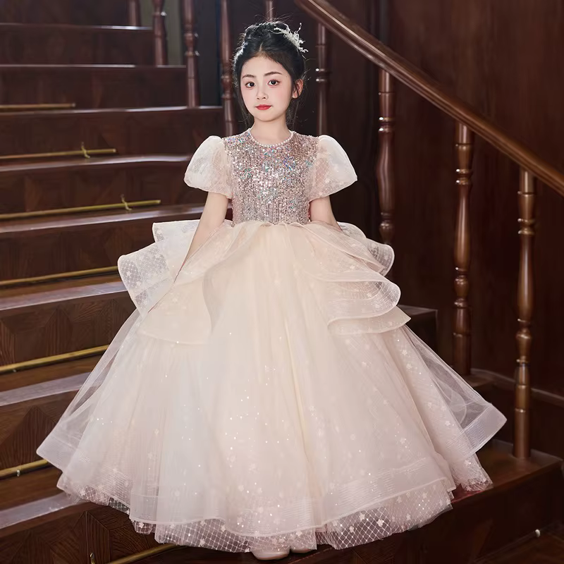 Robe longue enfants filles à manches longues enfants fleur fille mariage Piano spectacle tenue Costu