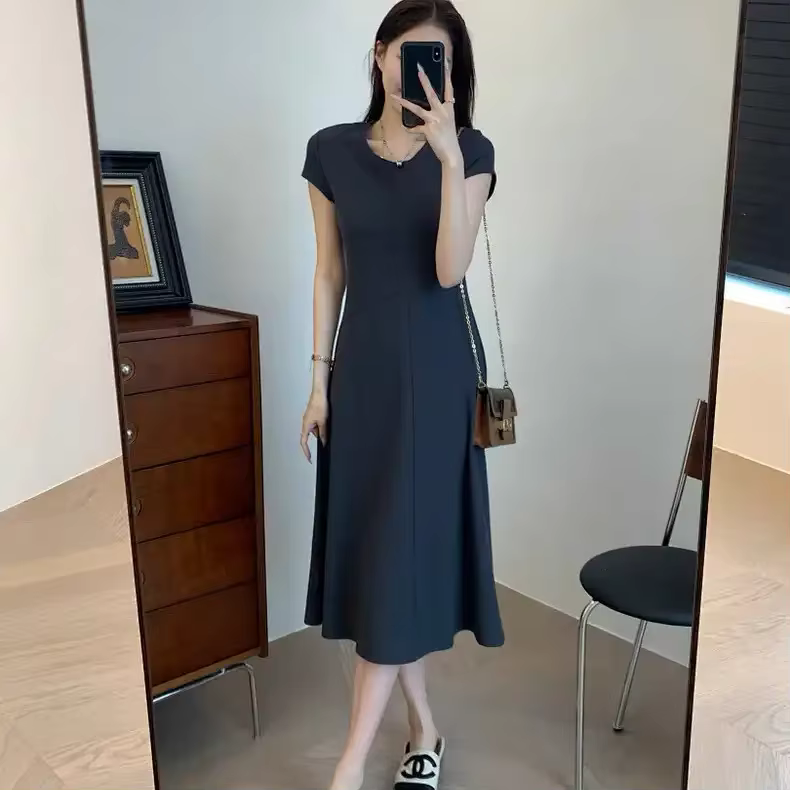 Robe longue décontractée et élégante pour femme, style français, col rond, manches courtes ajourées,