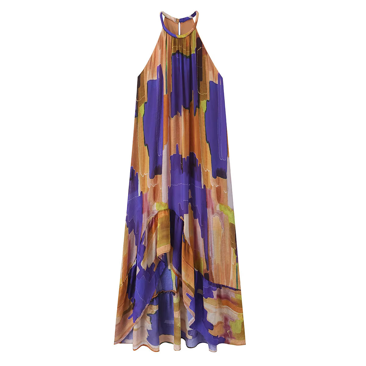 TFMLN Robe longue élégante imprimée à col halter pour femme, coupe ample, ourlet irrégulier, sans ma