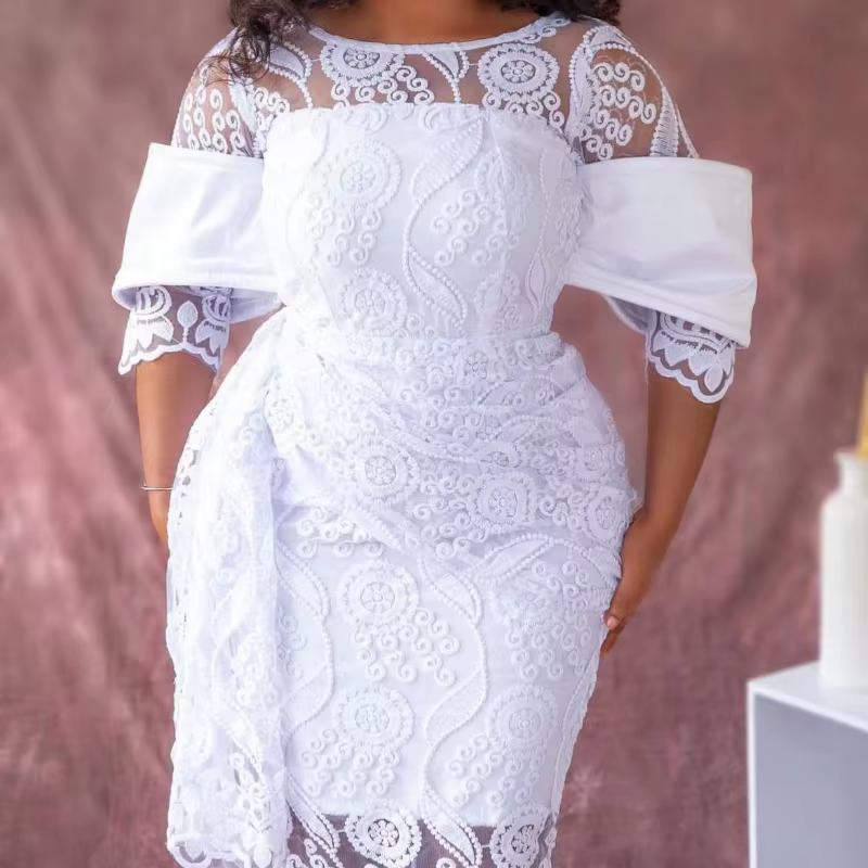 Robe mi-longue brodée à col rond pour femme, robes vintage en dentelle blanche, tunique GT Hip, rétr