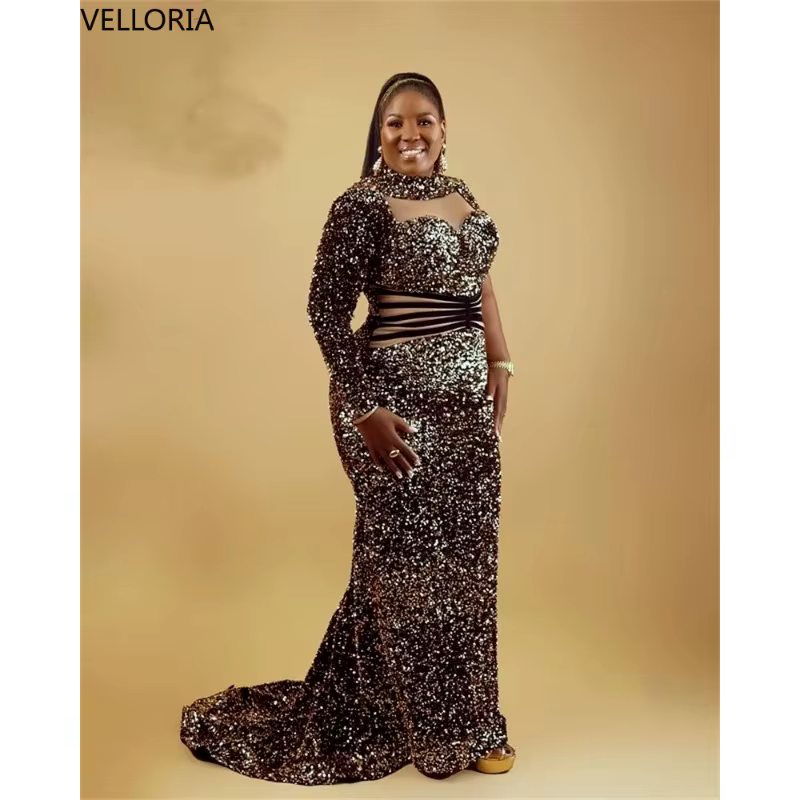 Robe sirène Aso Ebi à paillettes noires, robe de soirée perlée à manches longues, ceinture de taille