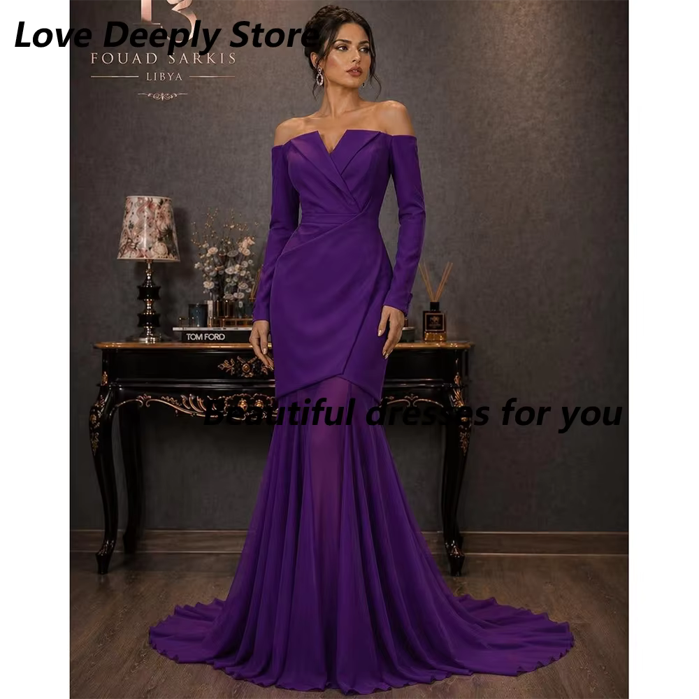 Robe de soirée longue violette élégante, personnalisée, manches longues, col en V, plissée, style si