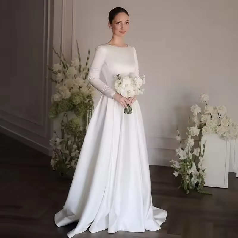 Robe de mariée longue trapèze blanche personnalisée, Simple, col rond, manches longues, style Boho,